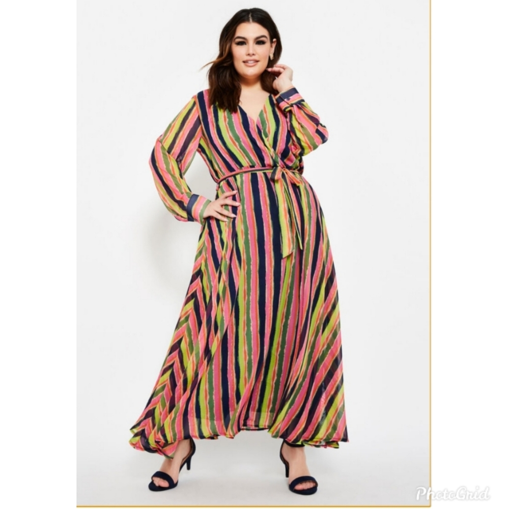 Ashley Stewart Stripped Wrap Maxi Dress Sz.18